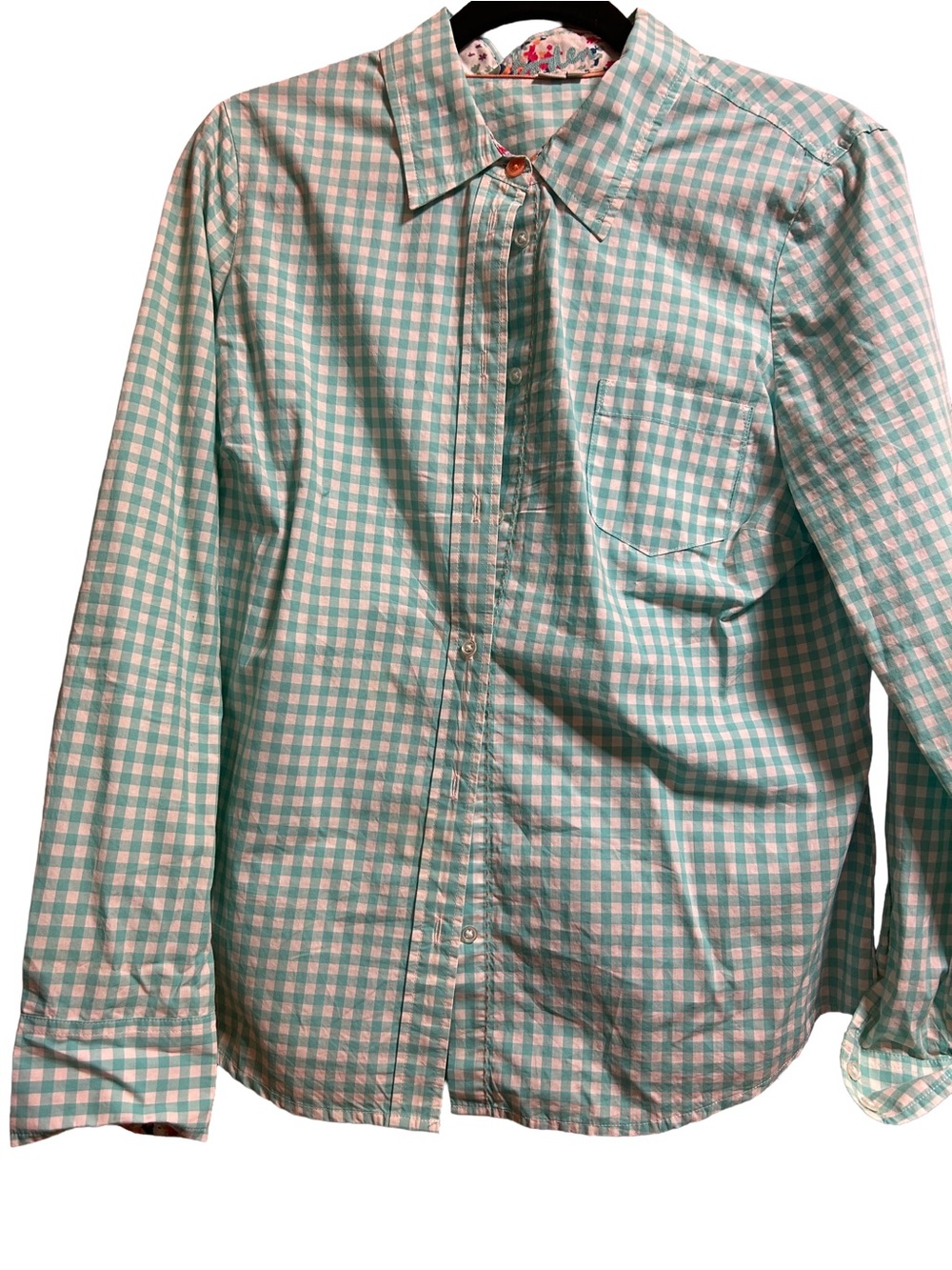 NWOT Vintage 2005 Boden Deadstock Aqua Gingham Button Down Floral Cuffs